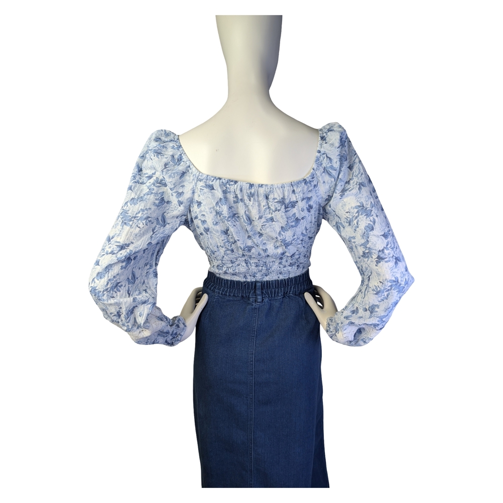American Eagle Blue Floral Smocked Prairie Blouse | Cottagecore Western | Size M - Picture 10 of 12